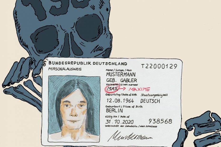 Ein Totenkopf hält einen Personalausweis mit einem durchgestrichenen Namen: Ein Deadname.
